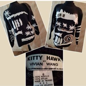 Vintage Kitty Hawk by Vivian Wang SMALL black and white holiday sweater.